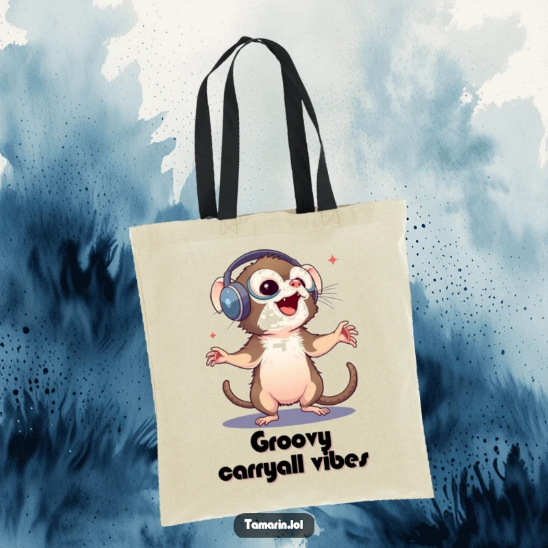 Funny tamarin tote bag: a cute tote featuring a monkey wearing headphones and dancing joyfully, designed for music lovers on the go.