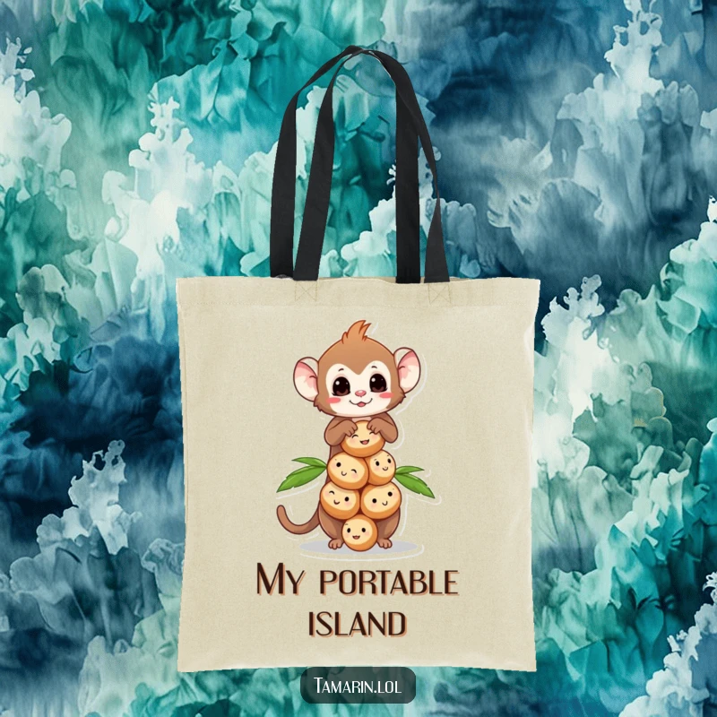 Funny Tamarin Coconut Balance Tote Bag featuring a tamarin monkey balancing smiling coconuts, perfect for shopping.