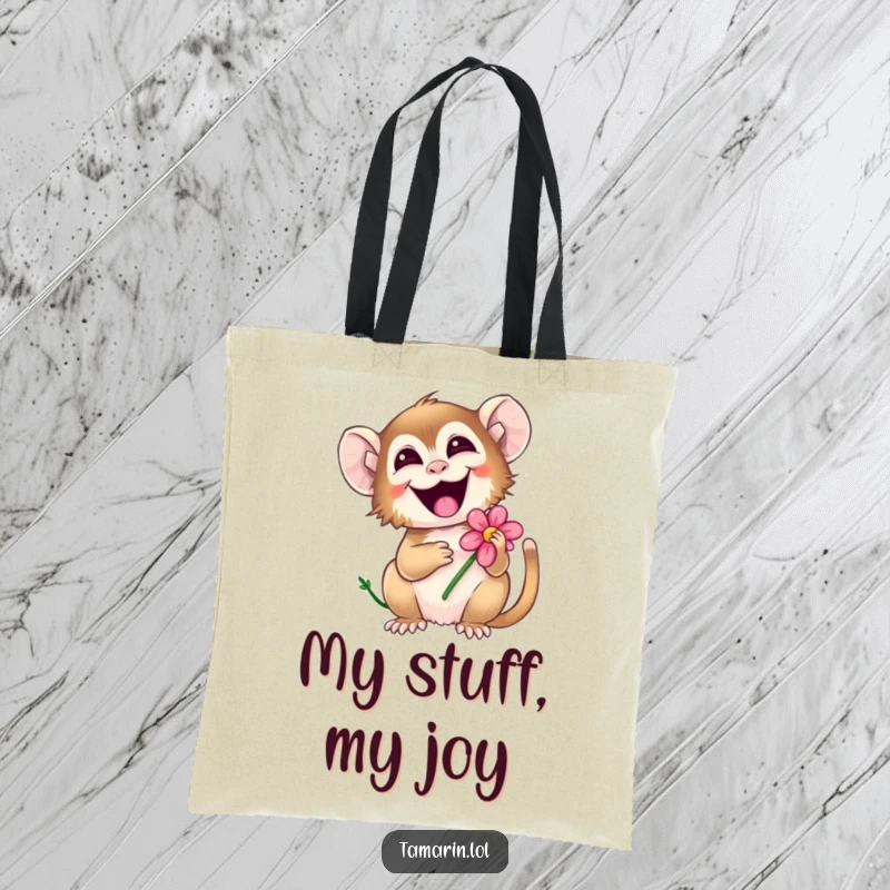 Funny tamarin tote bag illustrating a cheerful monkey giggling while clutching a beautiful flower, perfect for everyday use.
