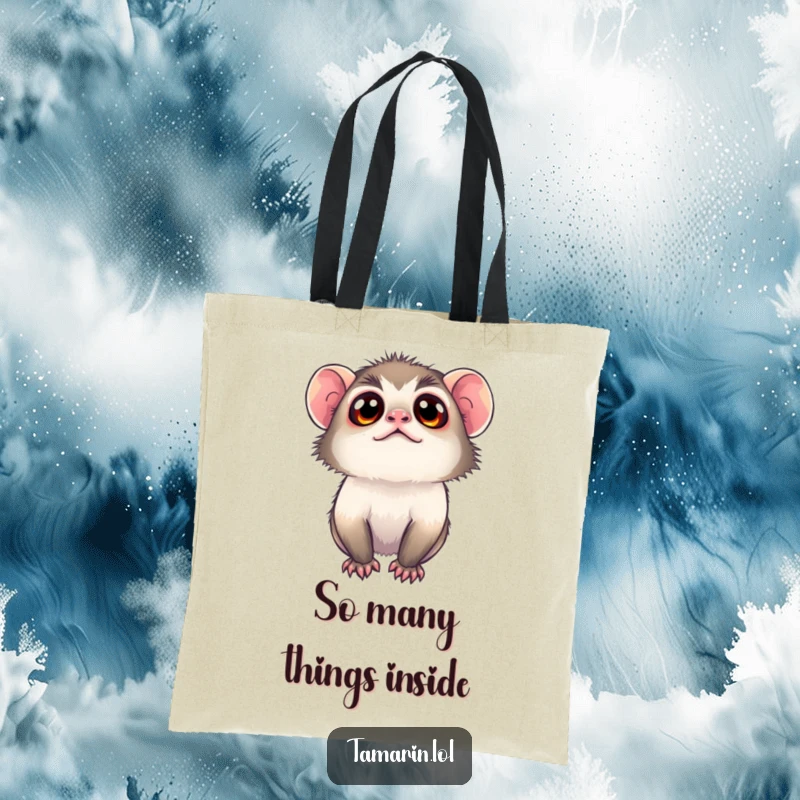 Funny tamarin tote bag featuring a monkey with big, curious eyes, ready to carry your treasures with adorable, wide-eyed wonder.